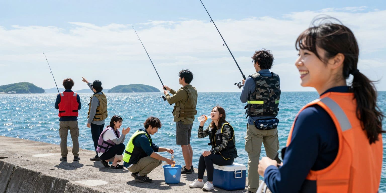 堤防で釣りを楽しむ仲間たち