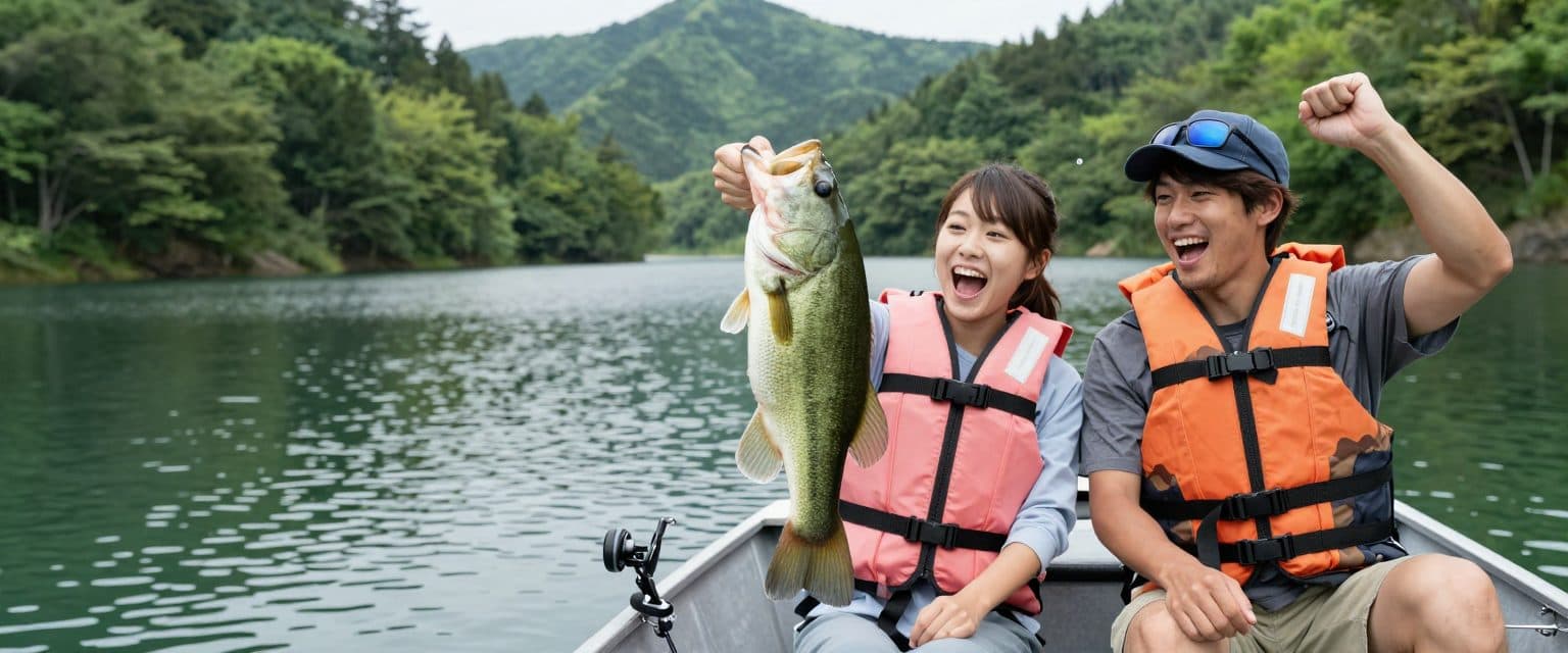ボートの上でブラックバスを釣り上げた女性と男性