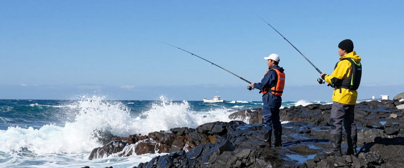 渡船で渡った沖の磯で釣りをする釣り人