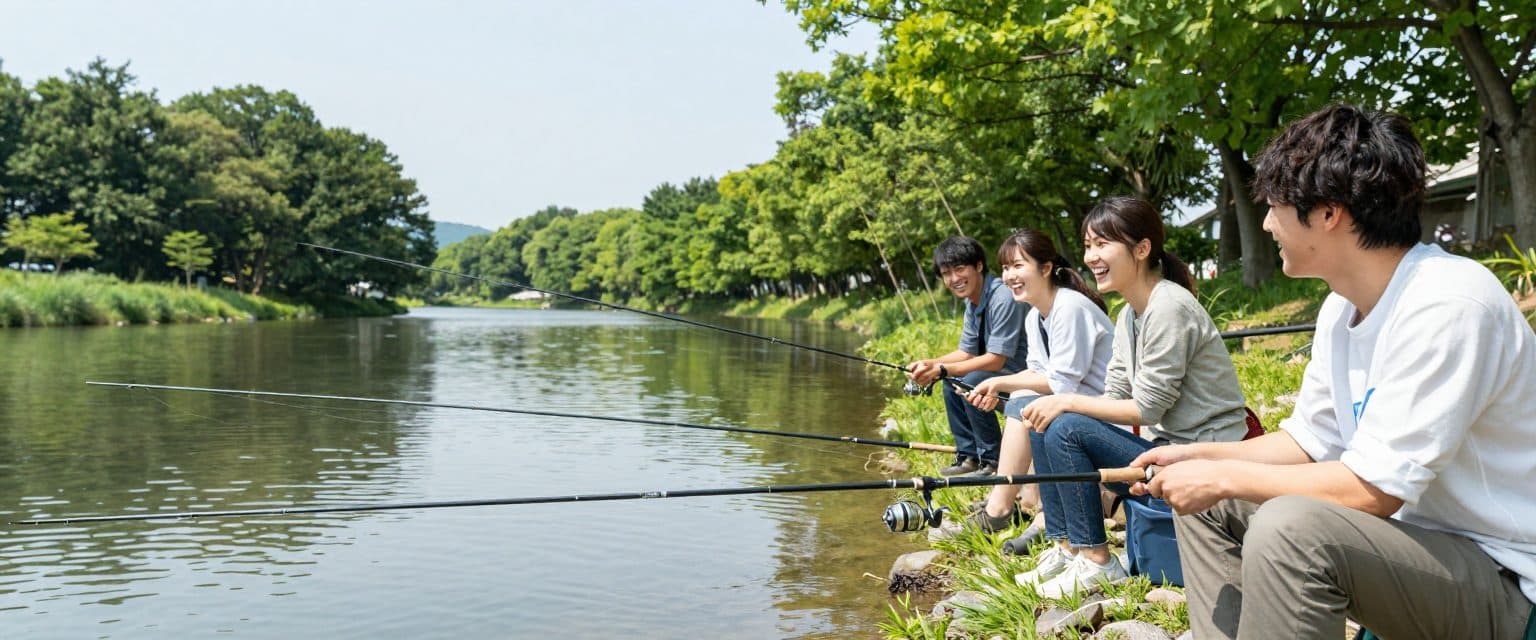 管理釣り場で釣りを楽しむ男女
