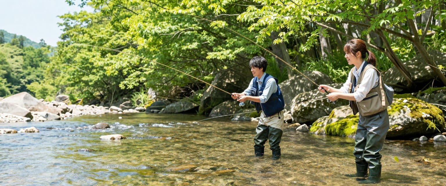 清流で渓流釣りを楽しむ男女
