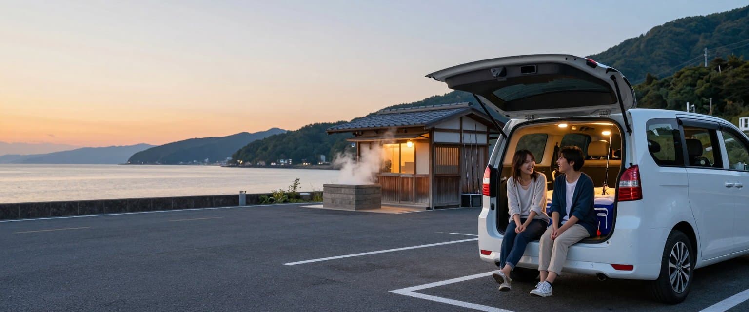 釣り遠征の車中泊と温泉のイメージ